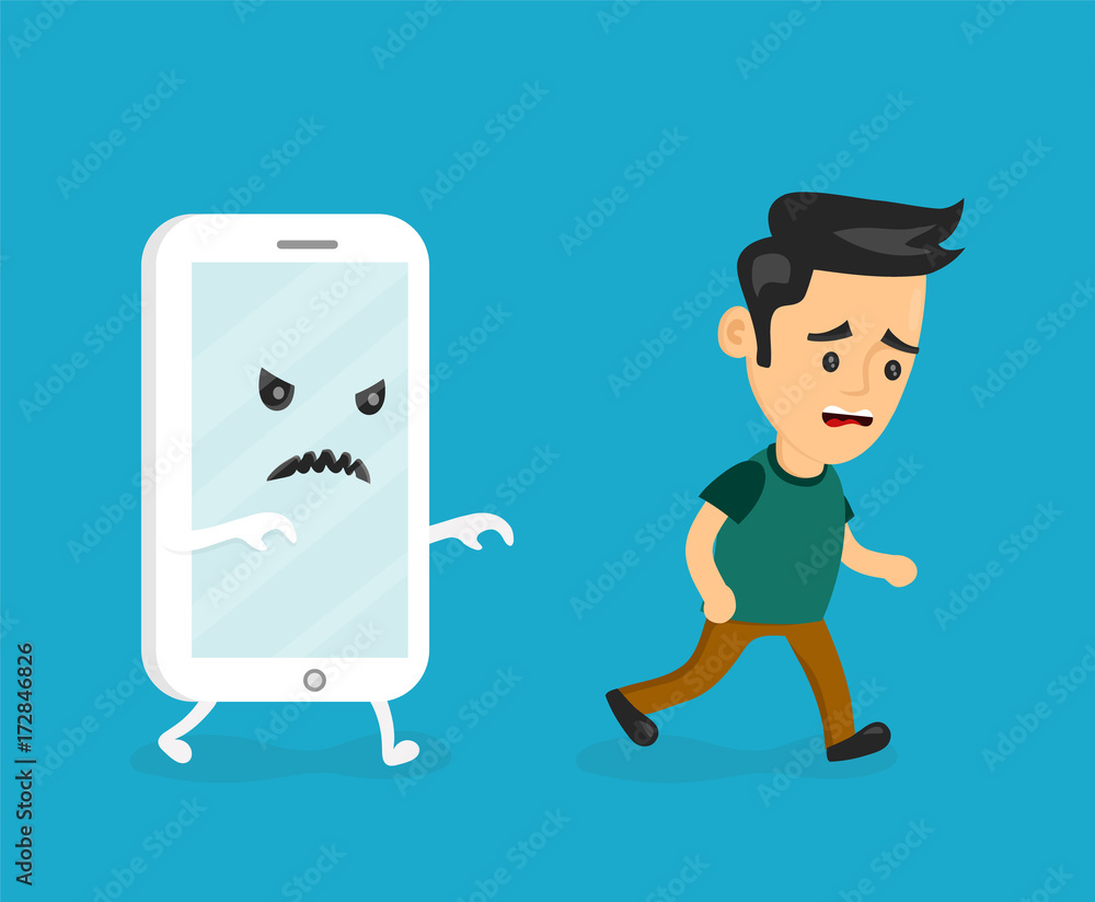 Angry scary smartphone run for young man. Vector modern flat style cartoon  creative character illustration icon. Phone, internet, smartphone, mobile  addiction concept Stock Vector | Adobe Stock