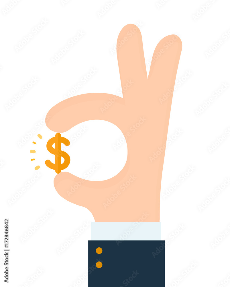 Obraz premium Businessman hand shows gesture okay with dollar sign. Vector modern style flat cartoon illustration design icon. Isolated on white background. Business success, profit,luck, money concept