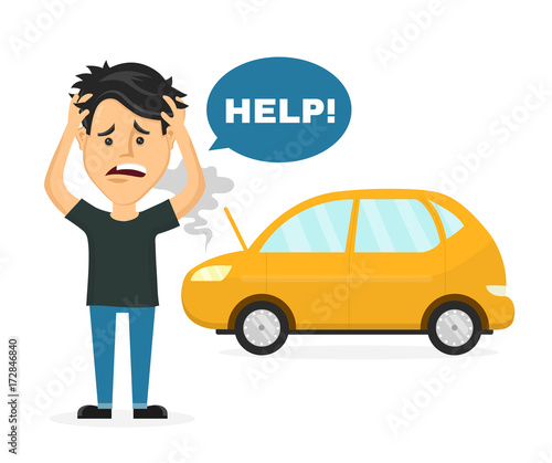 Frustrated sad young man near a broken car hold hands behind his head. Vector flat style cartoon character illustration. Isolated on white background. Auto accident, breaking, need car service concept