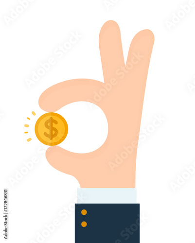 Businessman hand shows gesture okay with dollar coin. Vector modern style flat cartoon illustration design icon. Isolated on white background. Business success, profit,luck, money concept