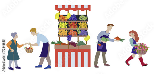 Local farmers market farmers selling vegetables produce on stall with awning. Modern flat style realistic vector illustration isolated on white background.