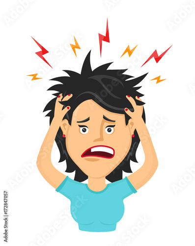 Vector flat woman with a headache, compassion fatigue, disease of the head, an office worker woman holding his head. migraine, health problems and pain head, stress work, tired, suffer, emotion