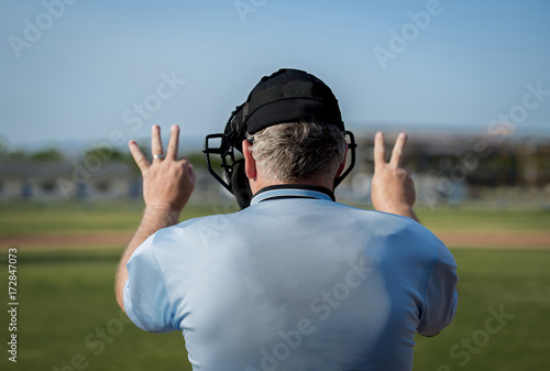 Back view of umpire making call at home plate