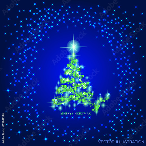 Abstract background with green christmas tree and stars. Illustration in blue and green colors. Vector illustration.