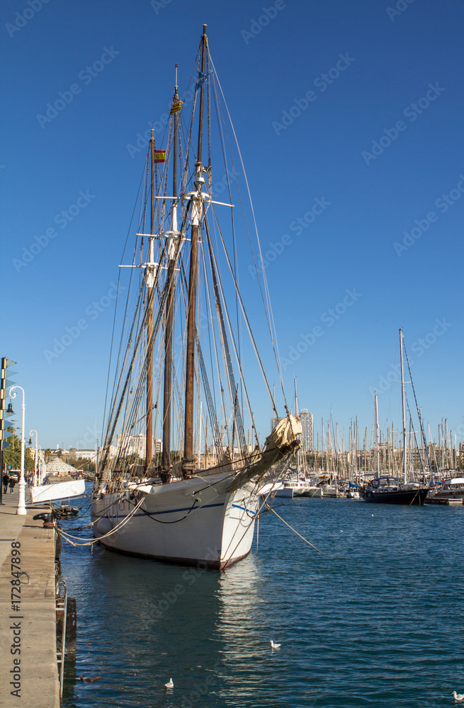Old sailing ship in port of Barcelona