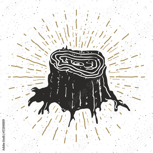 Tree stump vintage label, Hand drawn sketch, grunge textured retro badge, typography design t-shirt print, vector illustration