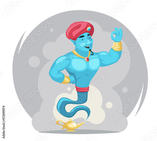 Arabian genie turban magic lamp smoke cartoon characters set wish vector illustration