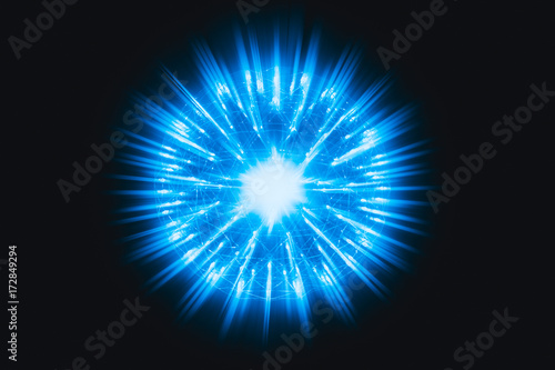 Nucleus of Atom Nuclear explode atomic bomb red hot ray radiation blue light science illustration concept.