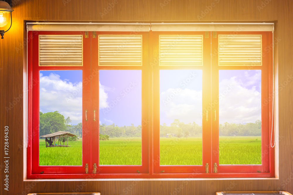 Fototapeta premium wood windows with nature rice field outside clipping path of glass panel.
