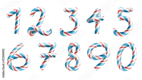 Numbers Sign Set Vector. 3D Numerals. Figures 1, 2, 3, 4, 5, 6, 7, 8, 9, 0. Christmas Colours. Red, Blue Striped. Classic Xmas Mint Hard Candy Cane. New Year Design. Isolated On White Illustration