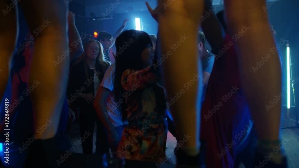 Happy party crowd dancing in a nightclub with girls dancing on the bar top Happy party crowd dancing in a nightclub with girls dancing on the bar top