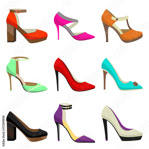Woman High Heel Shoes Set. Fahionable Colorful Shoes in Cartoon Style. Vector Illustration of Different Types of Shoes