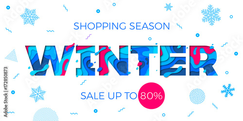Winter sale shopping discount promo banner for seasonal holiday special offer design template. Vector blue text font for Christmas or New Year store or shop sale vector snowflake pattern background