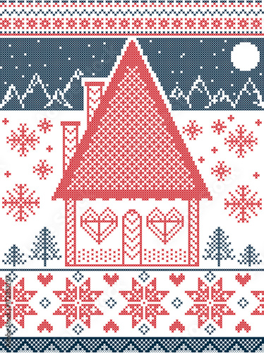 Nordic style and inspired by Scandinavian  Christmas pattern and craft in cross stitch in red, blue, white including  gingerbread house, Christmas tree, star, snowflake, heart, mountains, moon
