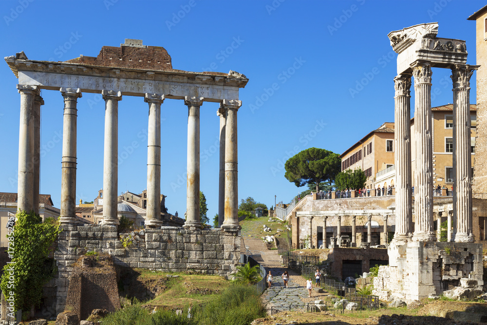 View of the ruins of the Roman Forum with the temple of Saturn. Rome, Italy