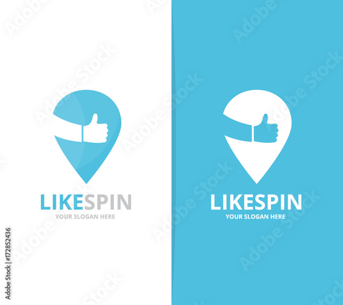 Vector of map pointer and like logo combination. GPS locator and best symbol or icon. Unique pin and hands logotype design template.