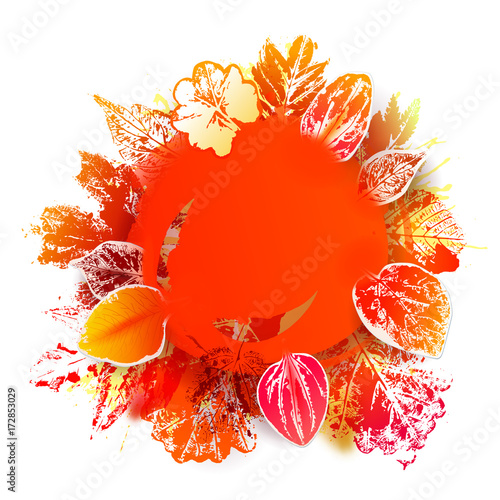 Abstract Vector background with ink stamp leaves and paint splashes. Autumn season circle Frame. Hand drawn illustration for banners, posters