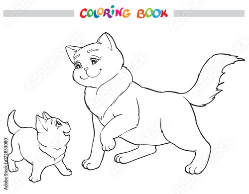Vector illustration cat mother with kitten. Coloring book