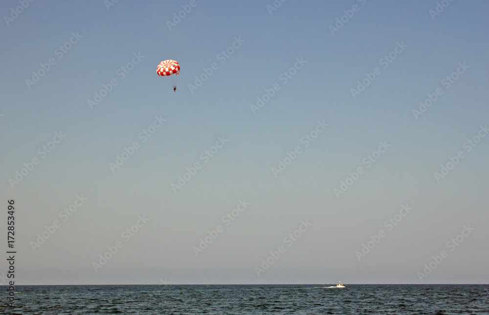 people on a parachute flying over the sea