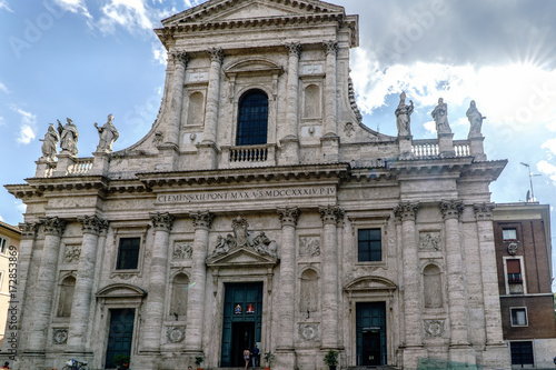 Main facade of the Catholic church called "San Giovanni de 'Fiorentini" located in the Golden square (piazza del'Oro)