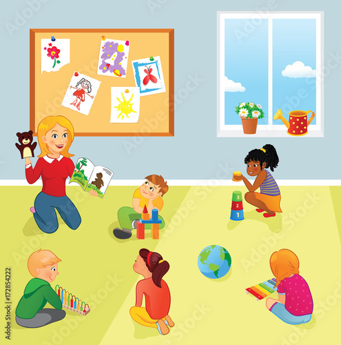 Elementary school class, teacher and kids