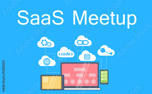 SaaS MeetUP Banner. Laptop, tablet and phone, cloud storage with icons