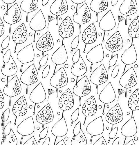 Contour decorative seamless pattern with leaves. Vector texture for coloring book