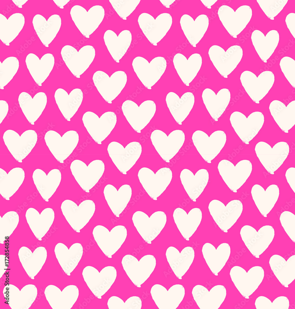Drawn multicolor heart silhouettes on rose background. Symbol of love in pink seamless pattern