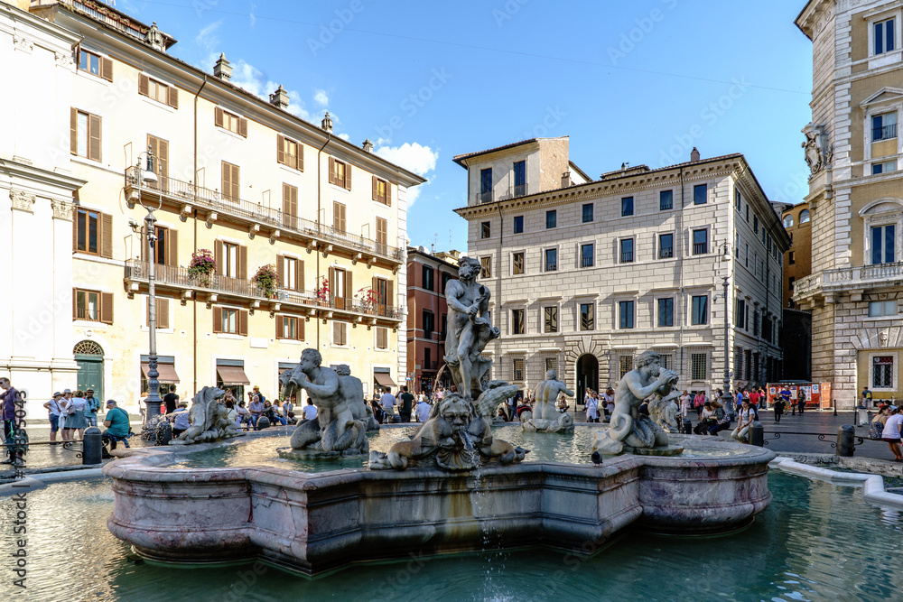 Rome, Lazio, Italy. July 25, 2017: View of Neptune Fountain, located in the famous square called 