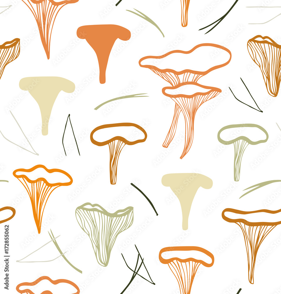 Seamless nordic floral pattern with cute chanterelle mushrooms. Nature drawn background Seamless nordic floral pattern with cute chanterelle mushrooms. Nature drawn background