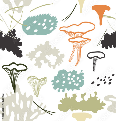 Seamless nordic floral pattern with chanterelle mushrooms, reindeer moss, gray lichens, needles. Nature drawn background