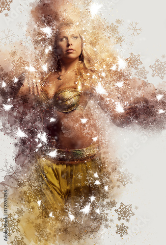 Beautiful blonde belly dancer woman. Digital art.