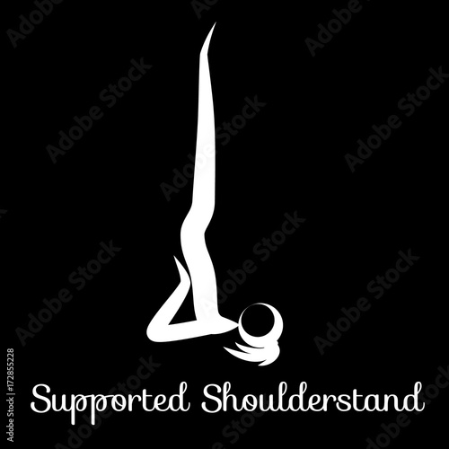 Supported Shoulderstand, Salamba Sarvangasana. Yoga Position. Vector Silhouette Illustration. Vector graphic design or logo element for spa center, studio, class, center, poster. Yoga retreat. White.
