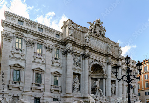 Panoramic view of the fountain called "Fontana di Trevi", one of the most visited places in Rome and with the Trevi Square always full of tourists. In Rome, Italy