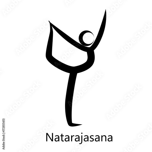 Lord of the Dance Pose, Natarajasana. Yoga Position. Vector Silhouette Illustration. Vector graphic design or logo element for spa center, studio, poster. Yoga retreat. Black. Isolated.