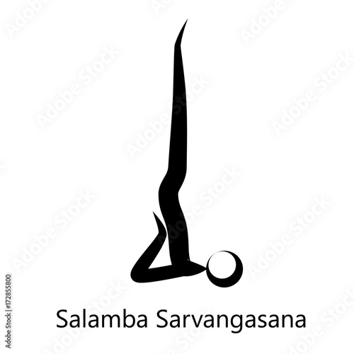 Supported Shoulderstand, Salamba Sarvangasana. Yoga Position. Vector Silhouette Illustration. Vector graphic design or logo element for spa center, studio, poster. Yoga retreat. Black. Isolated.