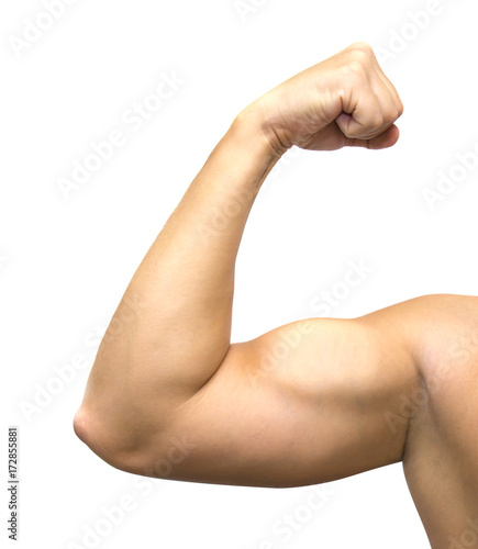 A muscular mans arm and shoulder flexing