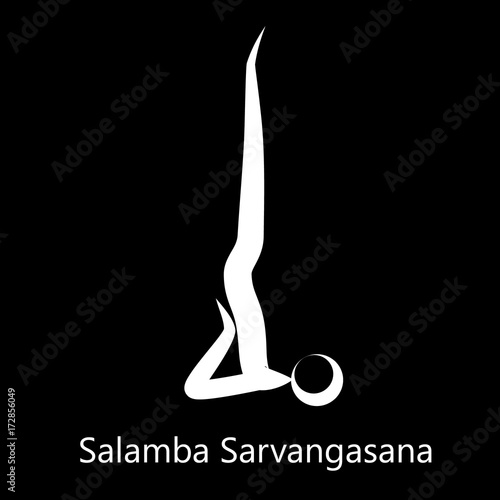 Supported Shoulderstand, Salamba Sarvangasana. Yoga Position. Vector Silhouette Illustration. Vector graphic design or logo element for spa center, studio, class, center, poster. Yoga retreat. White.