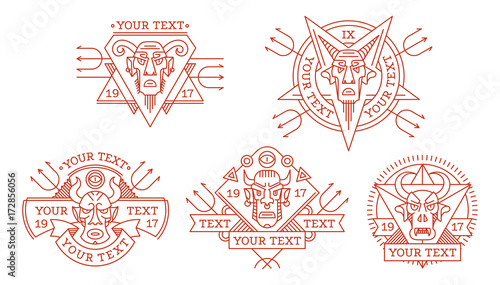 Set of ethnic diabolical masks of various shapes for logo, trademark, drawing on clothes, tattoo ornament, vector illustration. Badge is an evil devil, fiend, demon, Satan with horns.