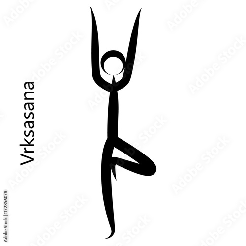 Tree Pose, Vrksasana. Yoga Position. Vector Silhouette Illustration. Vector graphic design or logo element for spa center, studio, poster. Yoga retreat. Black. Isolated.