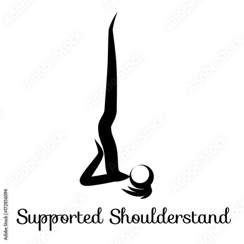 Supported Shoulderstand, Salamba Sarvangasana. Yoga Position. Vector Silhouette Illustration. Vector graphic design or logo element for spa center, studio, poster. Yoga retreat. Black. Isolated.