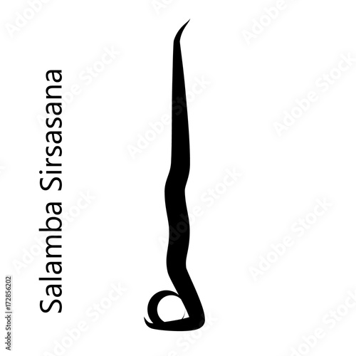 Supported Headstand, Salamba Sirsasana. Yoga Position. Vector Silhouette Illustration. Vector graphic design or logo element for spa center, studio, poster. Yoga retreat. Black. Isolated.