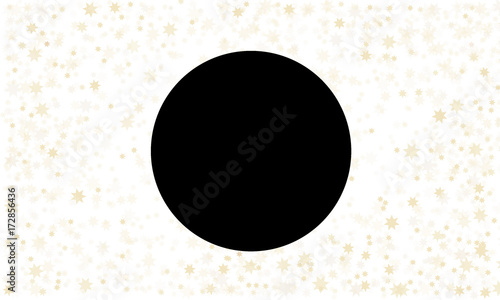Abstract pattern of random falling gold stars on white background. A black circle in the center free for text. 