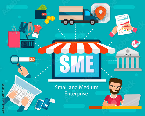 SME vector illustration, Small and Medium Enterprise, word lettering illustration in business concept. Design in modern style with related icons concept for web, app banner design. EPS10