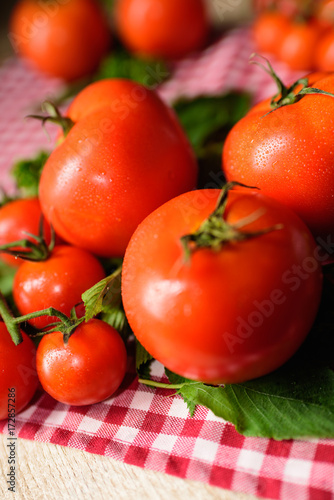 Many tomatoes are placed on a plaid tablecloth.