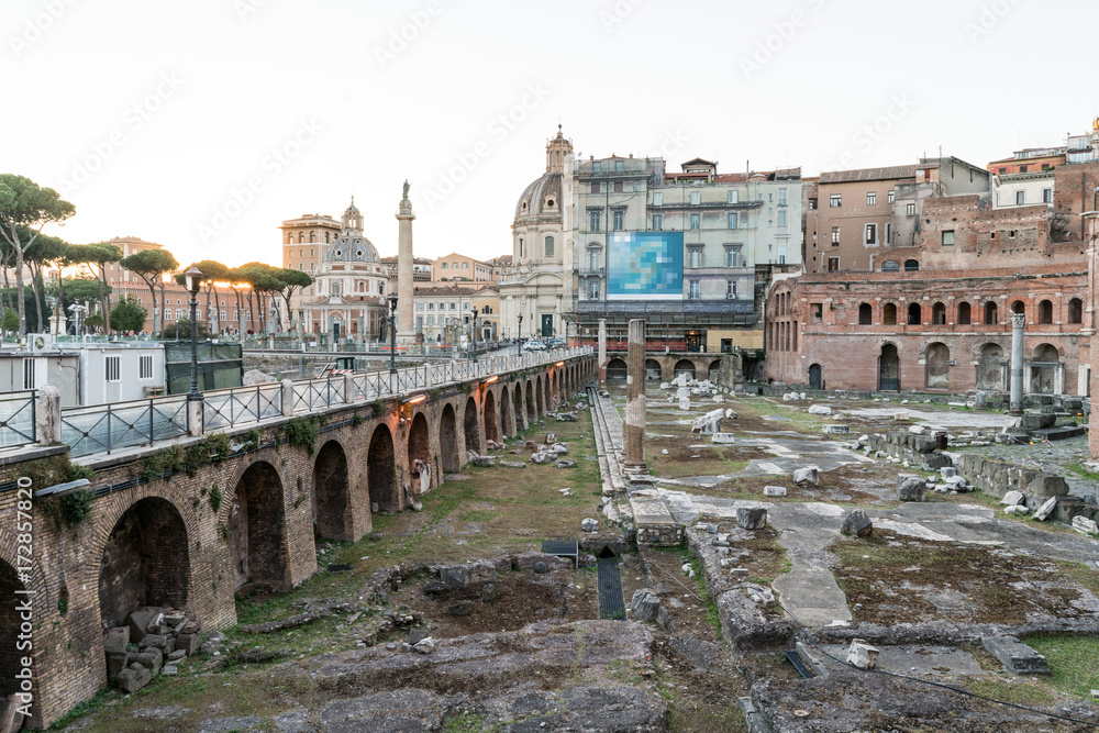 Panoramic of the Market of Trajan (Roman Emperor), seen at dusk with clear sky