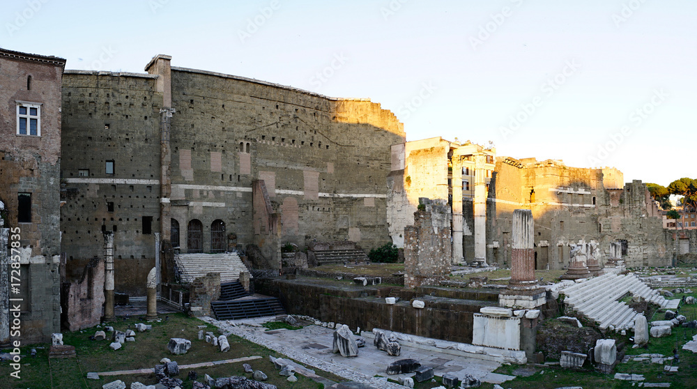 Panoramic of the Market of Trajan (Roman Emperor), seen at dusk with clear sky