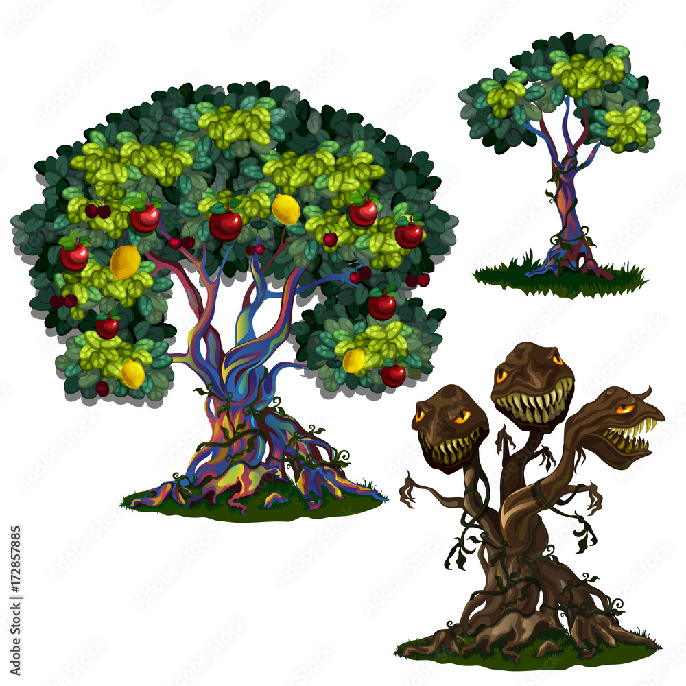 Magic tree with apples and lemons and threeheaded monster. Three stages of fairy tree, growing
