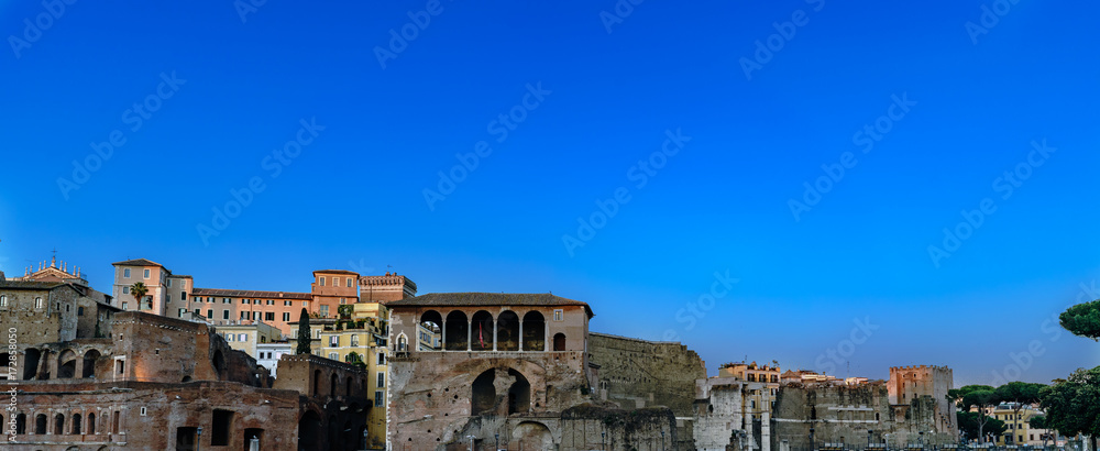 Panoramic of the Market of Trajan (Roman Emperor), seen at dusk with clear sky in Roma, Italy