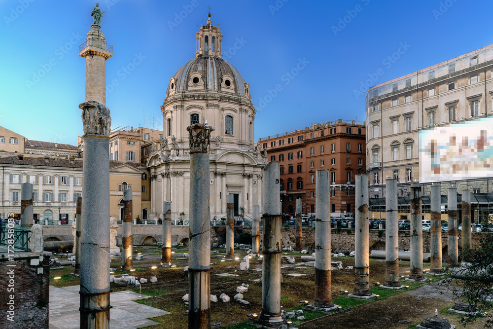 Panoramic view of the ruins of the Trajan's Forum and the Catholic Church called 